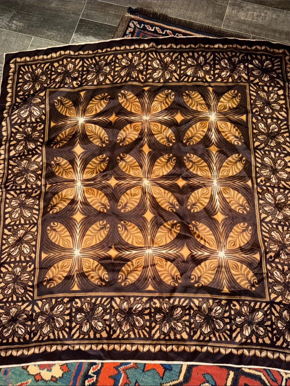 Vintage Polynesian Tapa Siapo Print Square Silk Scarf Earthy Brown Gold Boho